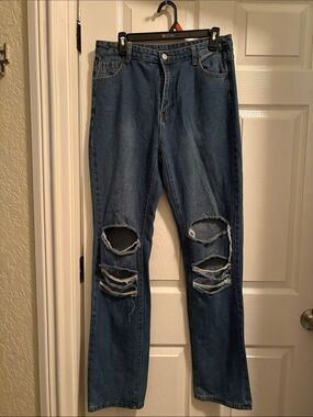 SHEIN Blue Distressed Straight Leg Jeans